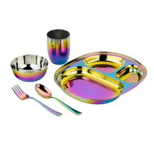 Ahimsa Stainless Steel Dinnerware Set for Kids and Toddlers - 5 Piece Toddler Plates and Bowls Set with Kids Utensils and Cup, Pediatrician Designed, Non Toxic, Dishwasher Safe (Rainbow)