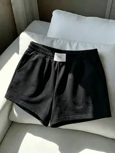 American Minimalist Style Waist Label Gym Shorts, Loose Fit, Plain Color, Casual Summer Wear, Ideal for Daily Leisure and Outdoor Fitness