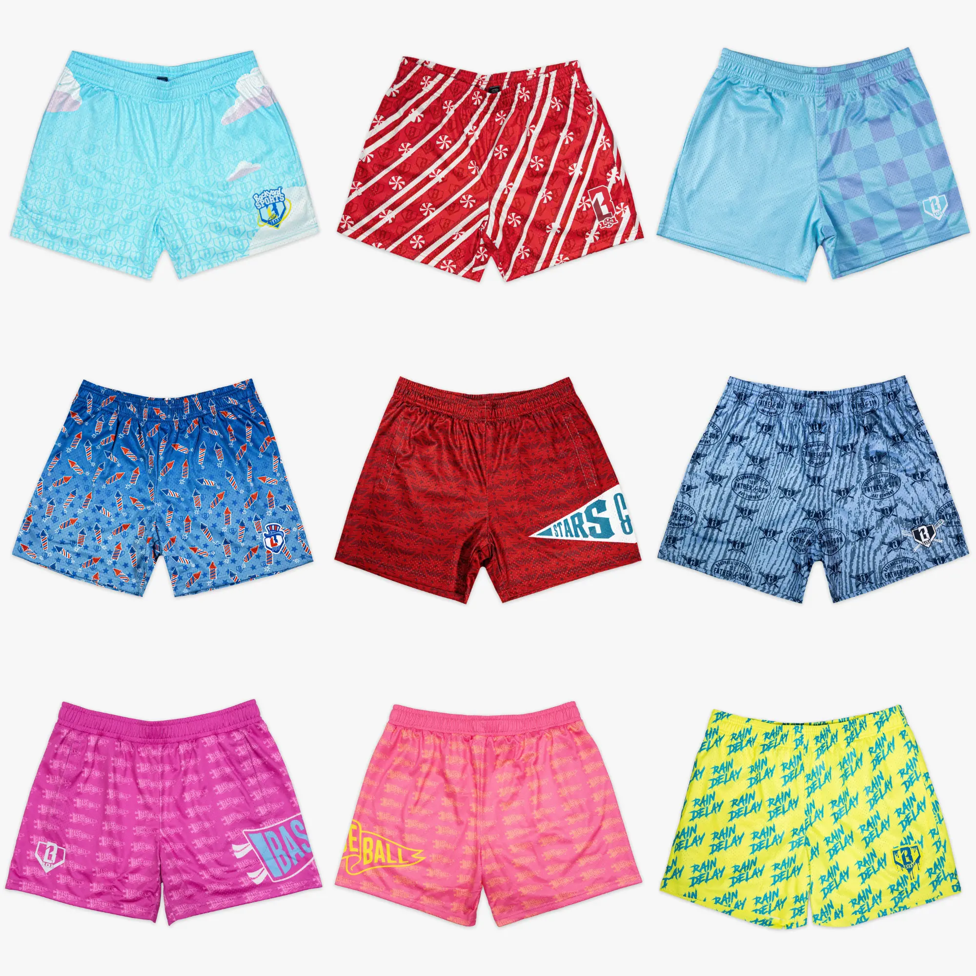 Baseball - Lifestyle - 101 | Premium Men's Graphic Mesh Shorts – Luxury Streetwear & Athletic Gym Shorts: Backyard Sky, Peppermint Candy Cane, Patriot Fireworks, Retro Pennant Stars & Rain Delay Pack
