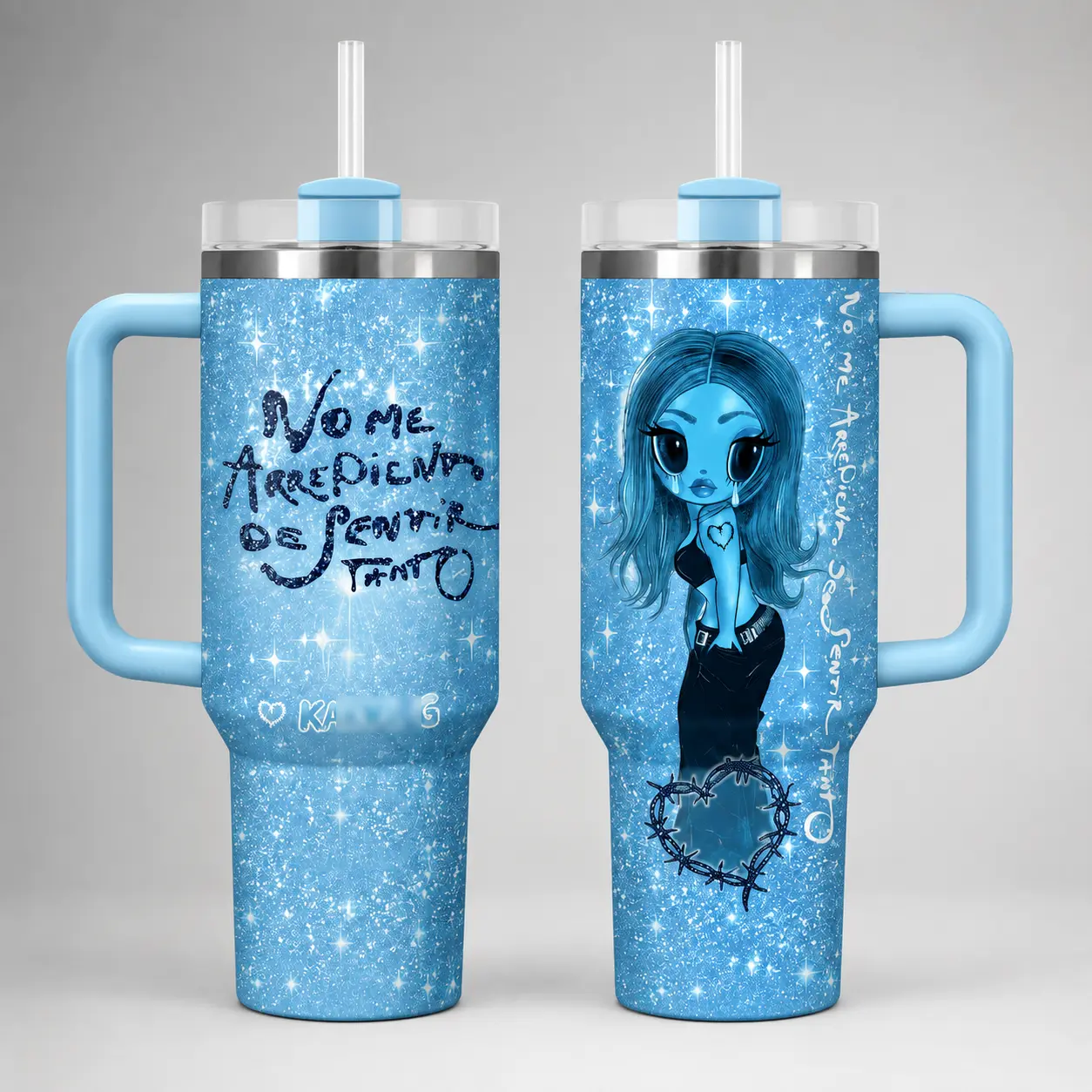 40oz/ 30oz/ 20oz Blue Sparkle Tumbler with Straw, New Album No Me Arrepiento De Sentir Tanto Insulated Stainless Steel Travel Cup, Aesthetic Girl Graphic