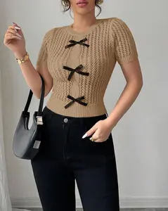 Women's fashionable and versatile knitted sweater, elegant look, bow design, short-sleeved style suitable for spring and summer.