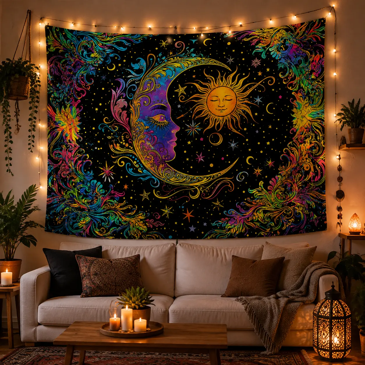 Large Vertical Celestial Tapestry Wall Hanging - Sun Moon Stars & Floral Wall Decor Suitable for Bedroom, Meditation Space, Office - Vertical Hanging for, Fabric with Sky-Themed Patterns