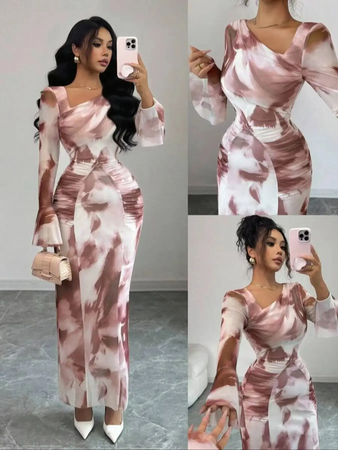 Women's French Vintage Tie-Dye Print Mesh Ruched Bodycon Mini Dress, Cocktail Dress, Fall New Fashion Bell Sleeve Tight Fit, Elegant Casual Wear, Elegant Romantic Dress, Elegant Draped Style