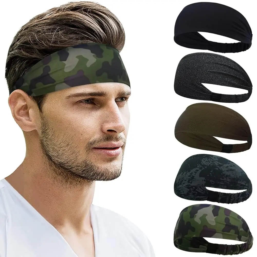 Unisex 5-Piece Nylon Sports Headbands - Non-Slip, Elastic, Breathable, Ultra-Lightweight Training Headbands, Moisture-Wicking Sporty Sweatbands for Youth Running, Exercise (Multiple Colors), Training Headband, Moisture-Wicking Sports Headbands
