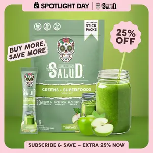 Salud 2-in-1 [Greens + Superfoods – Green Apple] Daily Greens Drink Mix,Agua Fresca,  Gut Health & Bloating Support, Probiotics & Prebiotics, Vegan, Non-GMO, Easy-to-Drink Greens Powder (15 Servings)