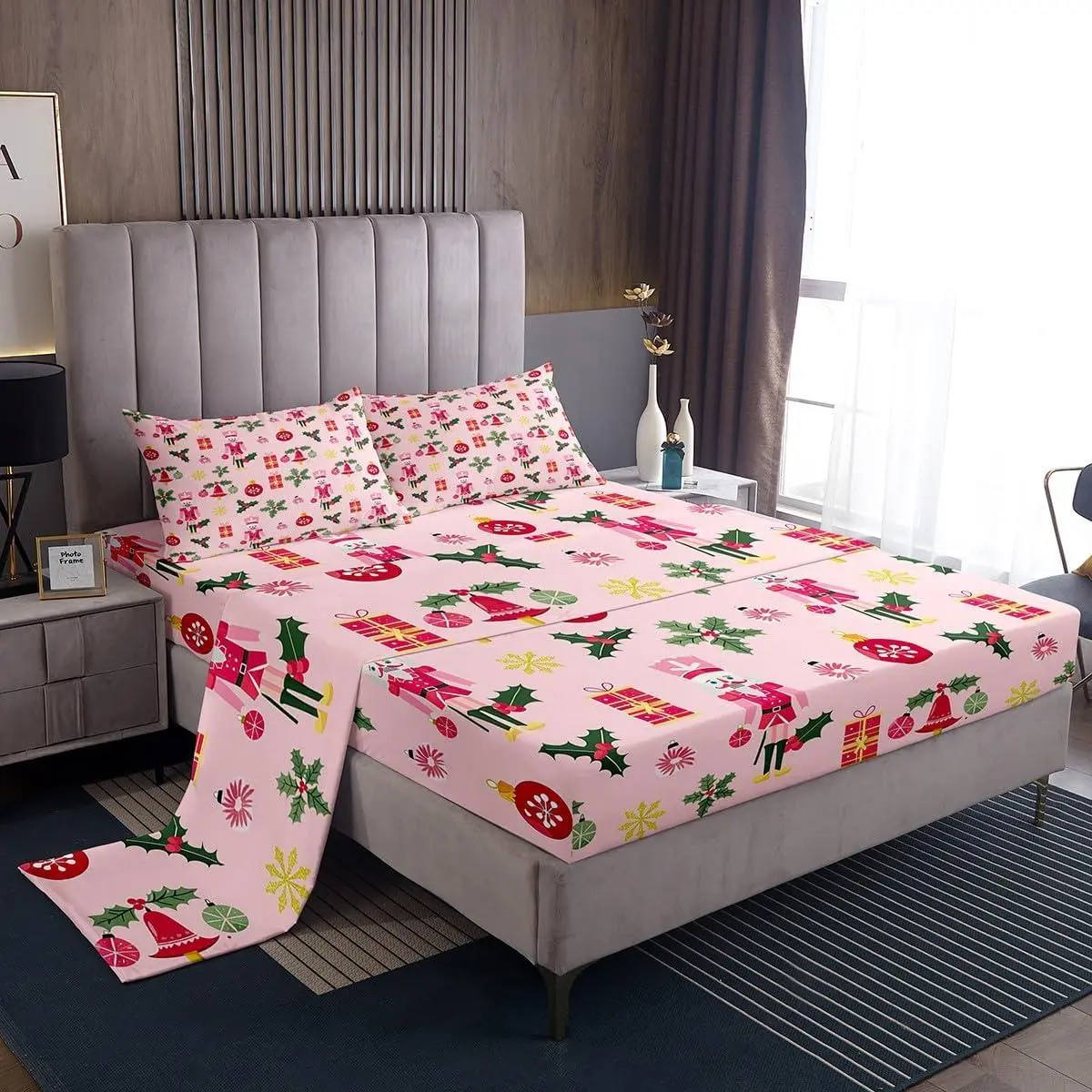 Christmas Pink Nutcracker Bed Sheets Sets Cute Royal Guarder Fitted Sheet Deep Pockets Xmas Snowflake Bedding Set Gifts for Kids Boys Girls Decor Pink