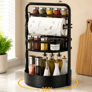 Black Expandable 2-Tier Rotating Spice Rack with Paper Towel Holder - 360° Lazy Susan Metal Organizer, Height-Adjustable, Non-Slip, Easy-to-Clean, for Kitchen Countertop & Cabinet Spices, Condiments, Oil Bottles