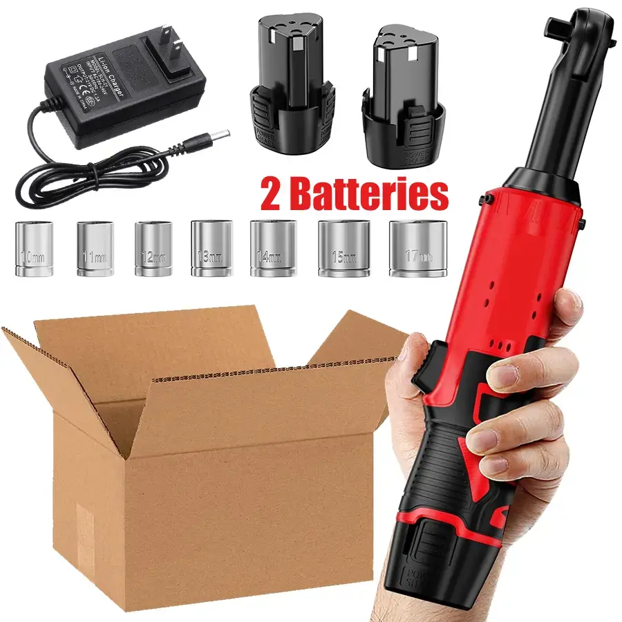 12V Cordless Ratchet Wrench Set, 3/8" Drive Electric Ratchet Wrench with 45 N.m (33 Ft-lbs), Right Angle Power Ratchet for Auto Repair & Mechanics (Battery & Charger Included)