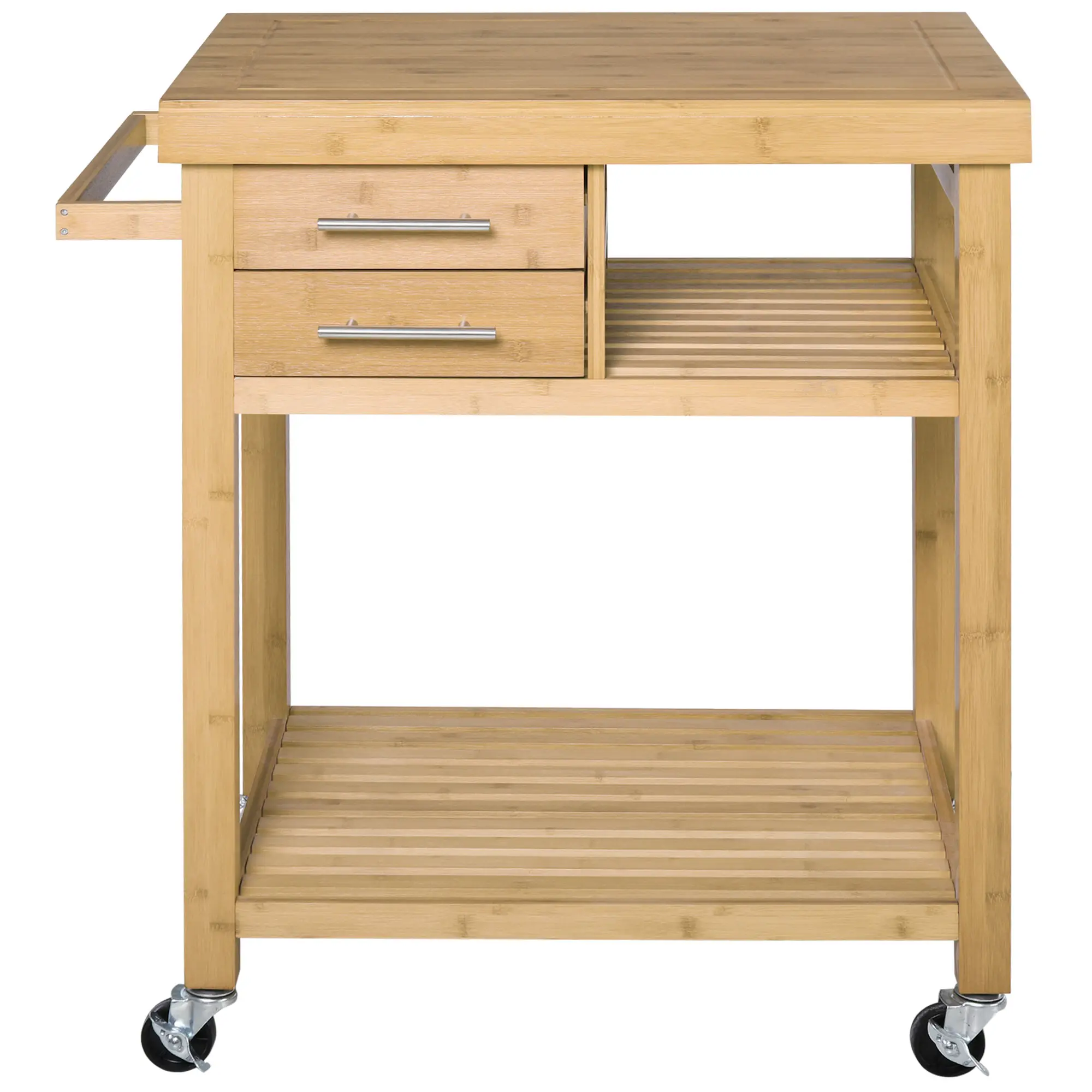 Bamboo Kitchen Island Cart on Wheels, Home Organizer Utility Trolley with 2 Storage Drawers and Open Shelves, Bamboo Tone Storage Rack