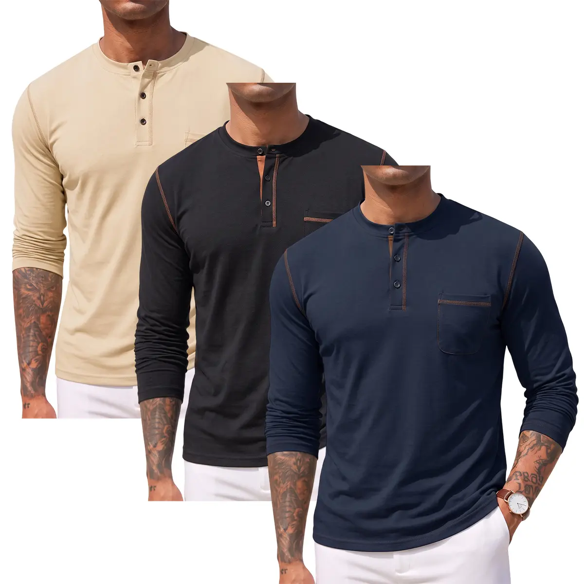 Men's Long-Sleeve Crew Neck Henley Shirt - Menswear Plain Clothes with Front Opening, Navy Blue + Black + Khaki Solid Colors, Stylish Versatile Top, Round Neck, Plain Look, Henley Cut, Casual, All Seasons, Black + Black + Black