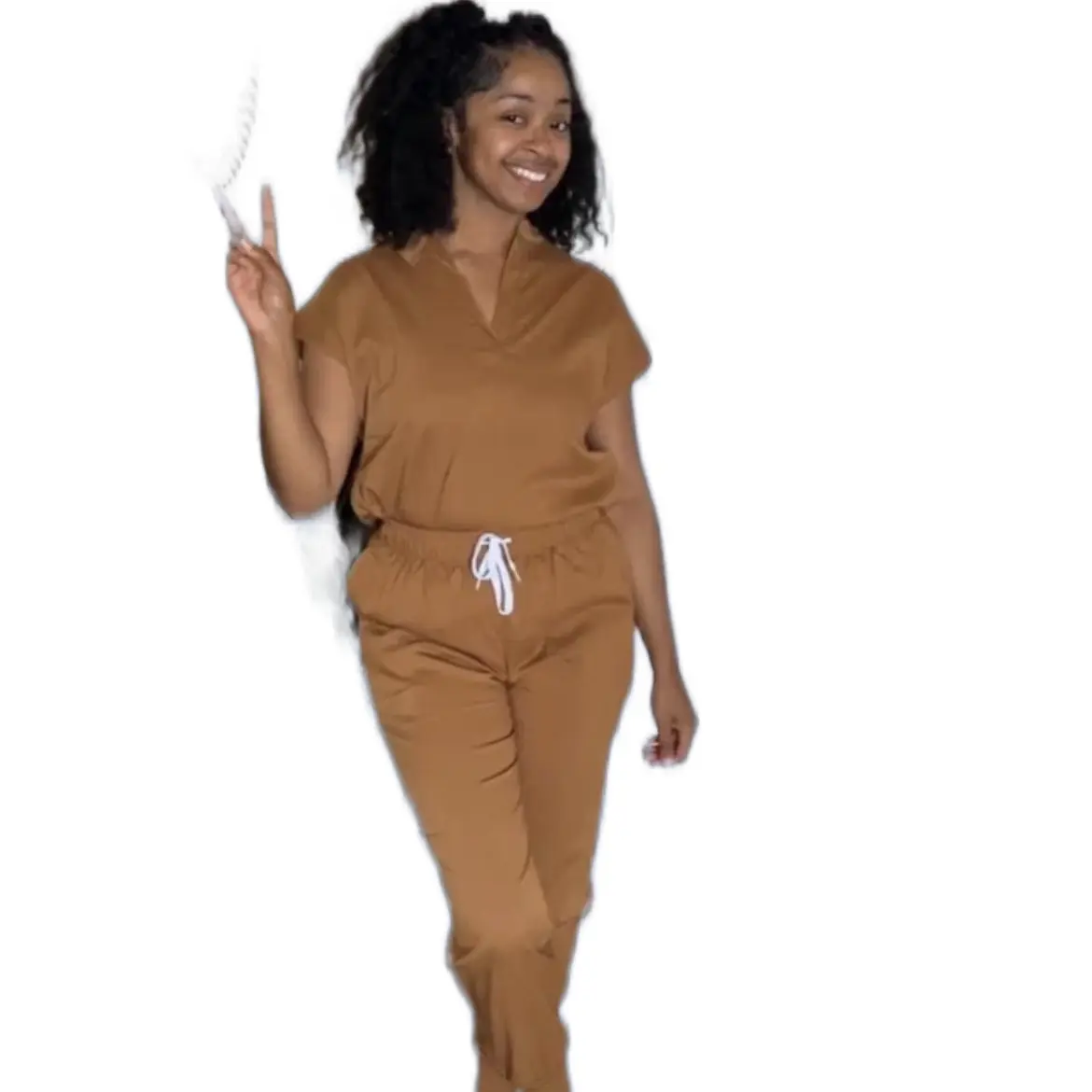 Chocolate Brown Pop Your Collar Jogger Scrub Set