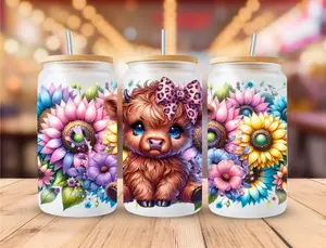 Highland Cow 16oz Frosted Glass Can with Bamboo Lid and Glass Straw