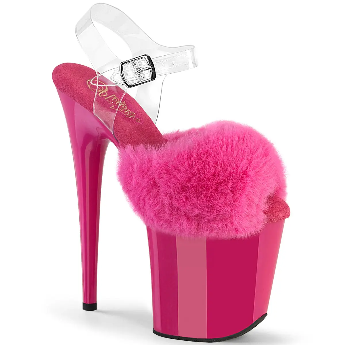 Women's Fuchsia Faux Fur-Clear Platform High Heel Shoes, Style-808FUR, for Fashionable Outfits, High-Profile Wedges & Flatform, Decorative Platform High Heel Wedges & Flatform