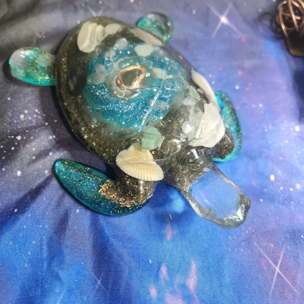Orgone InnerG sea turtle with shungite ocean water seashells and beach sand for emf protection