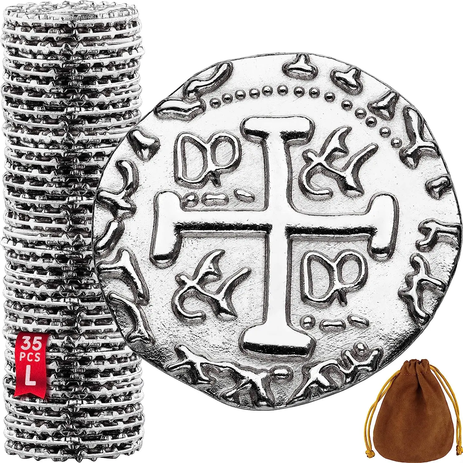 Large Metal Pirate Coins -Back to School 35 Silver Treasure Coin Set, Metal Replica Spanish Doubloons for Pirate Party Decorations & Favors, Tokens, Toys, Cosplay - Pirate Treasure Chest