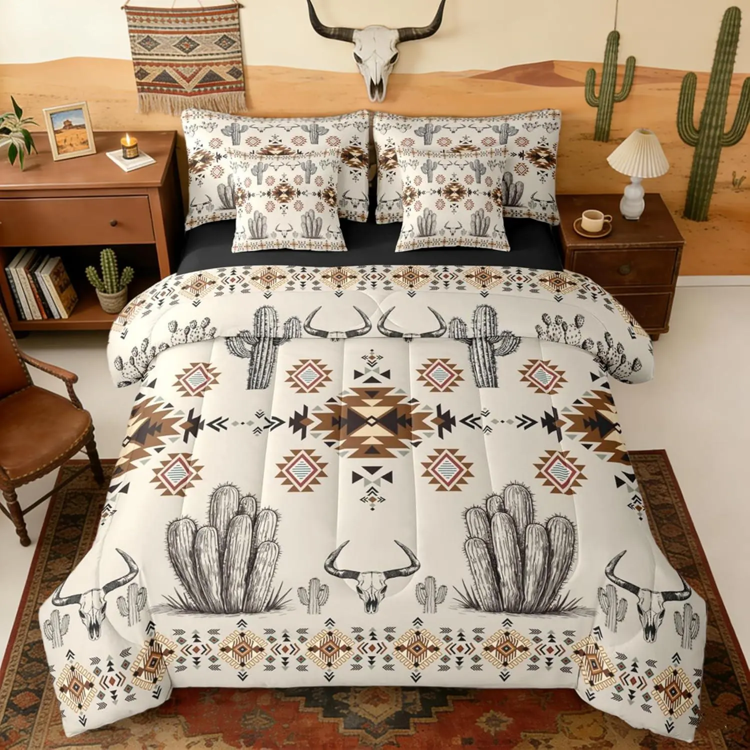 Feelyou 7-Piece Queen Comforter Set - Bohemian Quilt Set with Western Aztec, Rustic Southwestern, Tribal Geometric, Vintage Cactus, Native American Patterns for Bedroom Decor