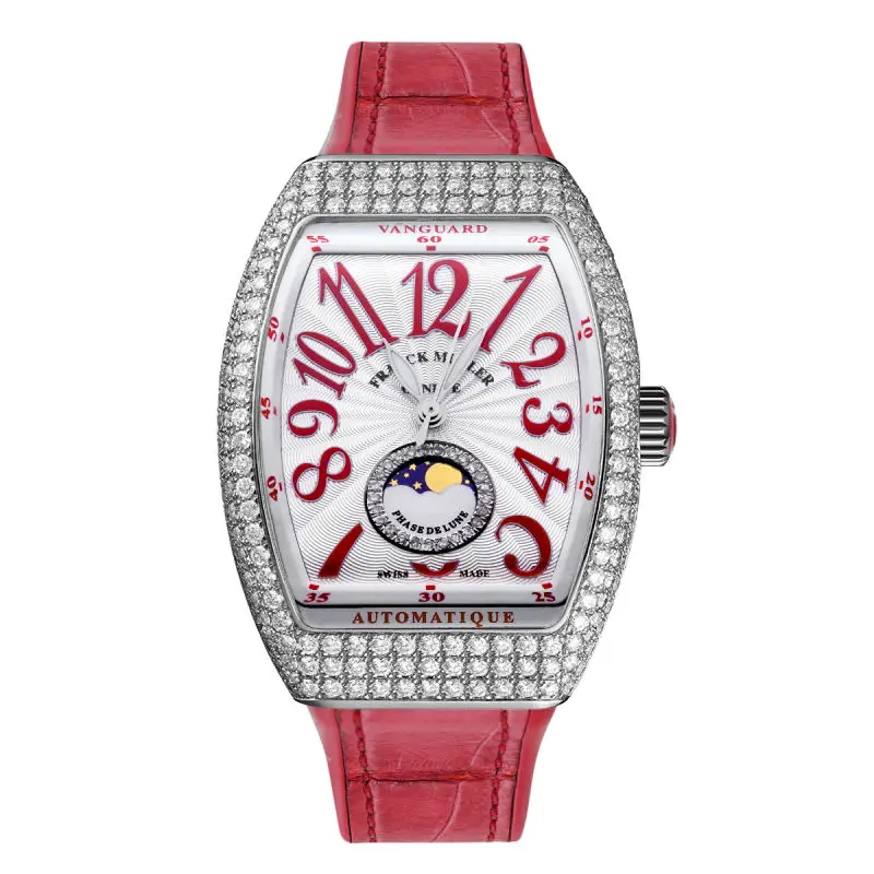 Franck Muller Vanguard V32 Moonphase Automatic Stainless Steel Aftermarket Diamond Bezel White Dial Red Arabic Numerals Ladies Watch WHT030149
