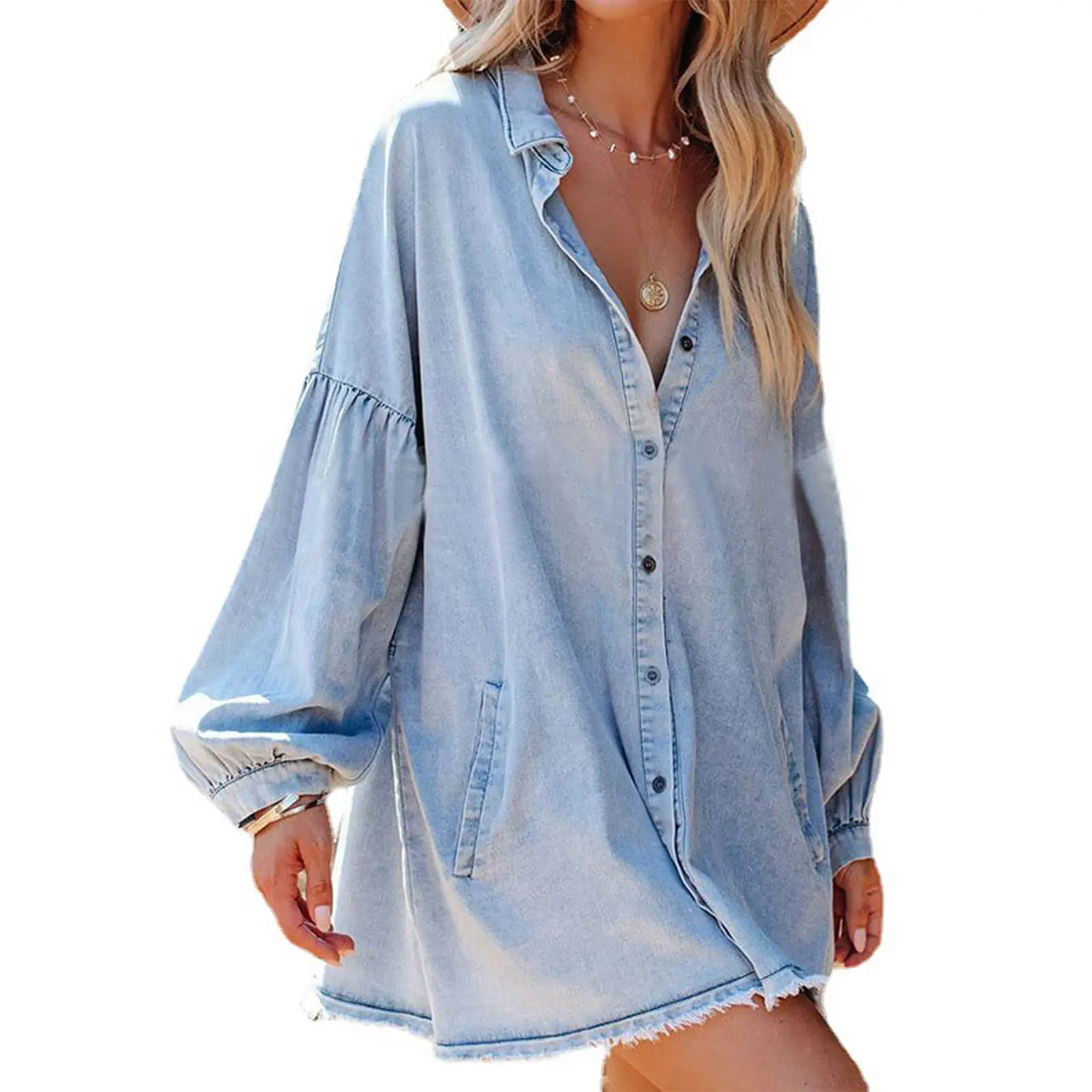 UTCOCO Women's Collared Long Sleeve Oversized Distressed Denim Button-Down Shirt Tunic Dress, Comfortable Flowy Mini Jean Dress with Pockets, Perfect Fit for Everyday Wear