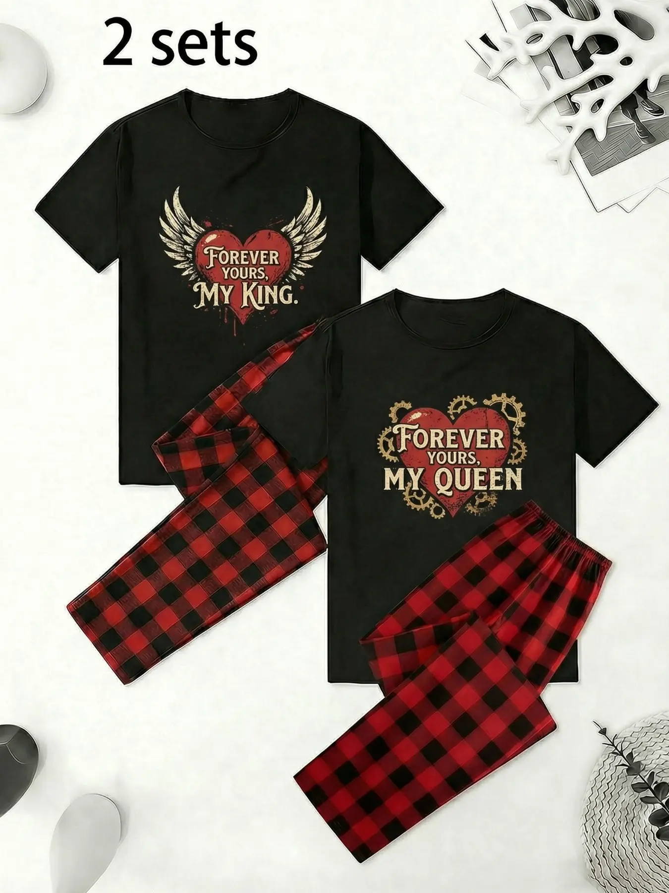 Couple Pajama Set, Loose-Fit Plaid Long Pants, Soft Breathable Fabric, Romantic Vintage Heart Design, Perfect for Home & Gifts