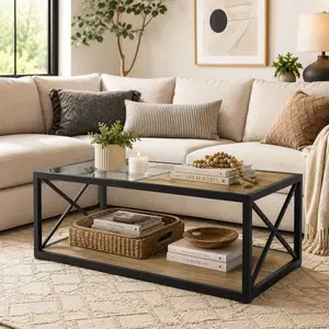 Modern Industrial Coffee Table, 105.9cm×63.5cm×13.5cm, Tempered Glass & MDF Tabletop with Metal Frame, 39.37"×22.83"×14.96", for Living Room Bedroom Study