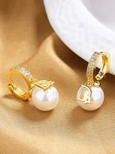Vintage Pearl Embellished Earrings for Women, High Quality Earrings, High-End Luxury Fashion, Trendy Letter Rhinestone Ear Cuffs, Elegant Statement Jewelry, Earcuff