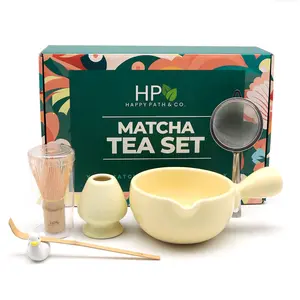 HAPPY PATH & CO Matcha Whisk Set – 6 Pcs Matcha Tea Set Includes Bamboo Whisk(Chasen) & Holder,Bowl with Spout,Sifter,Scoop & Stand | Matcha Making Kit - Perfect for Matcha Lovers(Sunny Duckling)