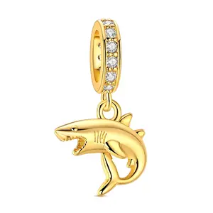 MULA 14K Gold Plated Shark Charm for Pandora Bracelet – 925 Silver-plated Fierce Great White Ocean Animal Dangle Bead with Cubic Zirconia, Badass Marine Biology Beach Jewelry Gifts for Women, Casual Wear, Animal Motif