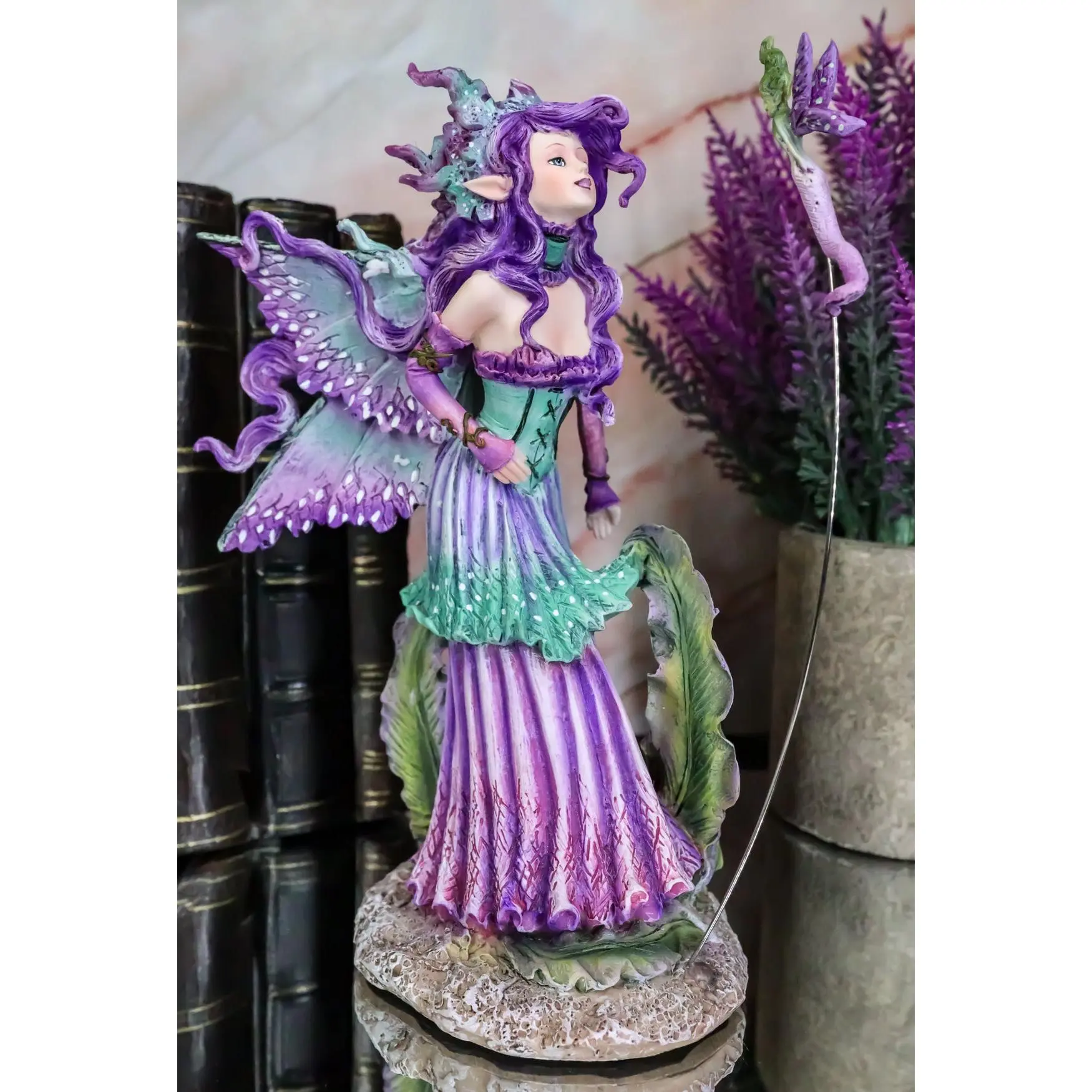 Ebros Amy Brown Pixie Gossip Enchanted Elf Fairy FAE Damsel with Indigo Purple Nymph Dragonfly Statue 7.5" Tall Fantasy Mythical Faery Garden Magic Collectible Figurine Fairies Pixies Nymphs Decor