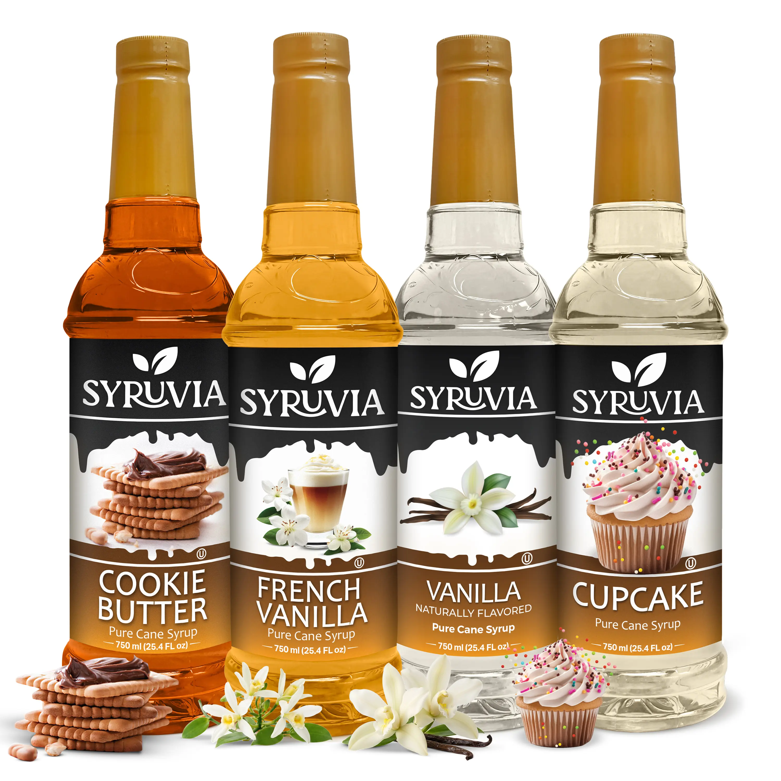Syruvia Premium Sweet Flavor Collection – Cookie Butter, French Vanilla, Vanilla & Cupcake Flavored Syrup – Perfect for Coffee, Desserts, Milkshakes & More – 25.4 Fl oz Bottles (4 Pack)