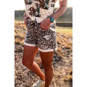 Women's Fitted Tennessee Walking Leopard Print Cotton Shorts, Button Accents, Mesh Panels, Graphic Design