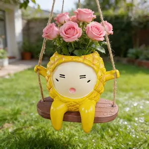 Creative Rustic Resin Sculpture Swing Flower Pot - Handcrafted Antique Resin Craft | Pineapple-Shaped Hanging Planter Design | Perfect for Garden and Home Decor, or as a Gift