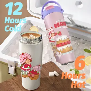 Cartoon S-Strawberry Shortcake Vacuum Flasks New Upgrade Multi-Use Insulated Travel Mug – Ceramic Lined Tumbler with Tea Infuser, Hidden Straw & Non-Slip Base, Vacuum Cold Retention Coffee Water Bottle 700ml