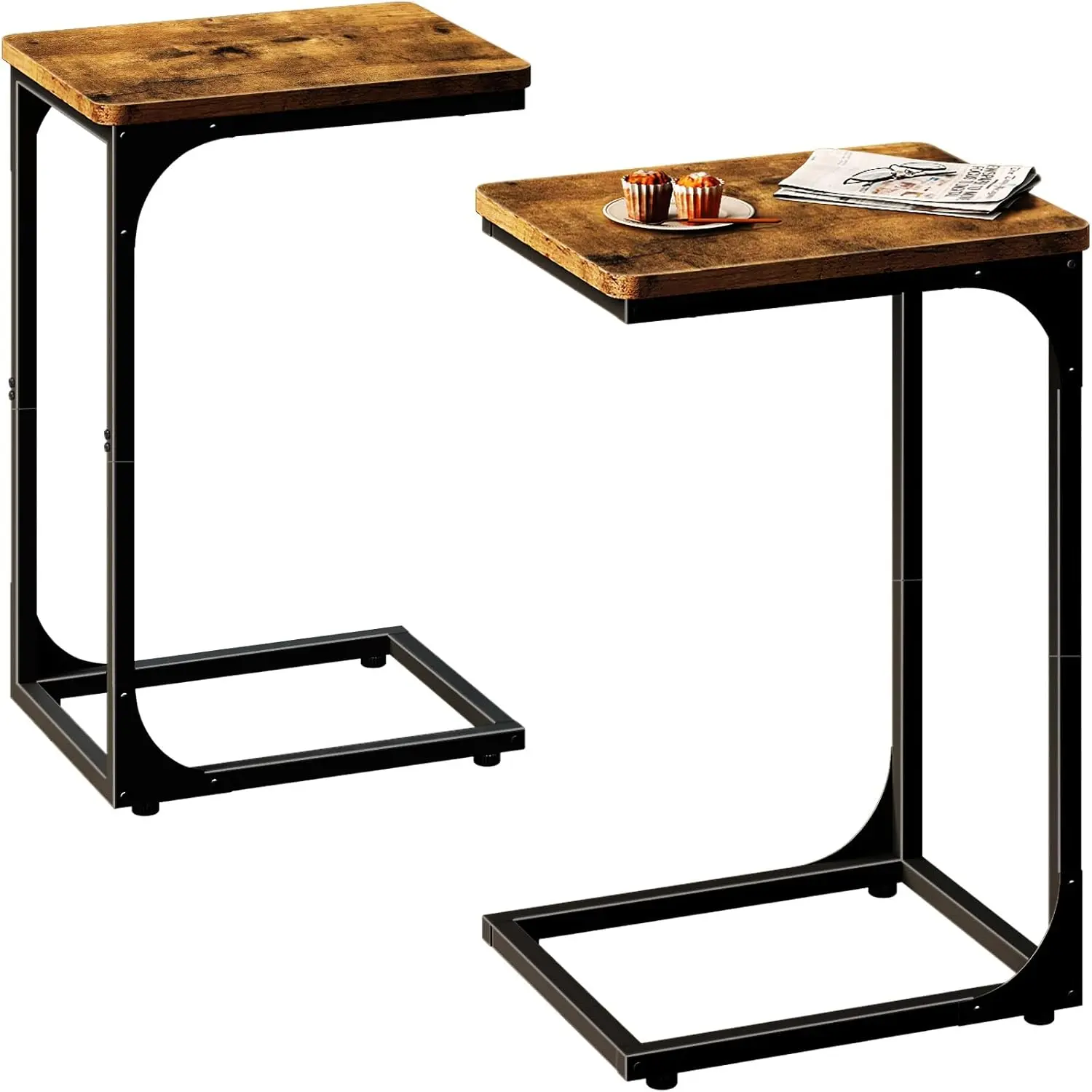2-Piece C-Shaped Small Indoor End Tables Desks - Rustic Brown Corner Tables for Living Room, Modern Farmhouse Furniture, Easy Setup for Coffee/Sofa Edge Use