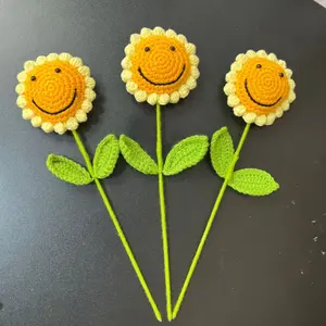 3pcs Handmade Smiling Sunflower Artificial Flowers, DIY Crochet Flower Bouquet, Handcrafted Yarn Woven Floral Decorations, Smiley Face, Home Decor Accessory, Lifelike Artificial Flower
