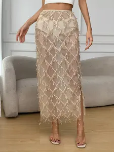 Mesh Diamond Grid Sequins Fringe Skirt, Womenswear, Cool, Elegant and Glamorous, Perfect for Trendy Parties, Light Social Events, Bestie Gatherings