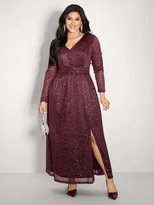 BLOOMCHIC Women's Floral Burgundy Long-Sleeve Overlap Collar Shimmery Hot-Stamp Pocket Elegant Ruched Slit Maxi Dress - Polyester-Spandex Fabric Longsleeves