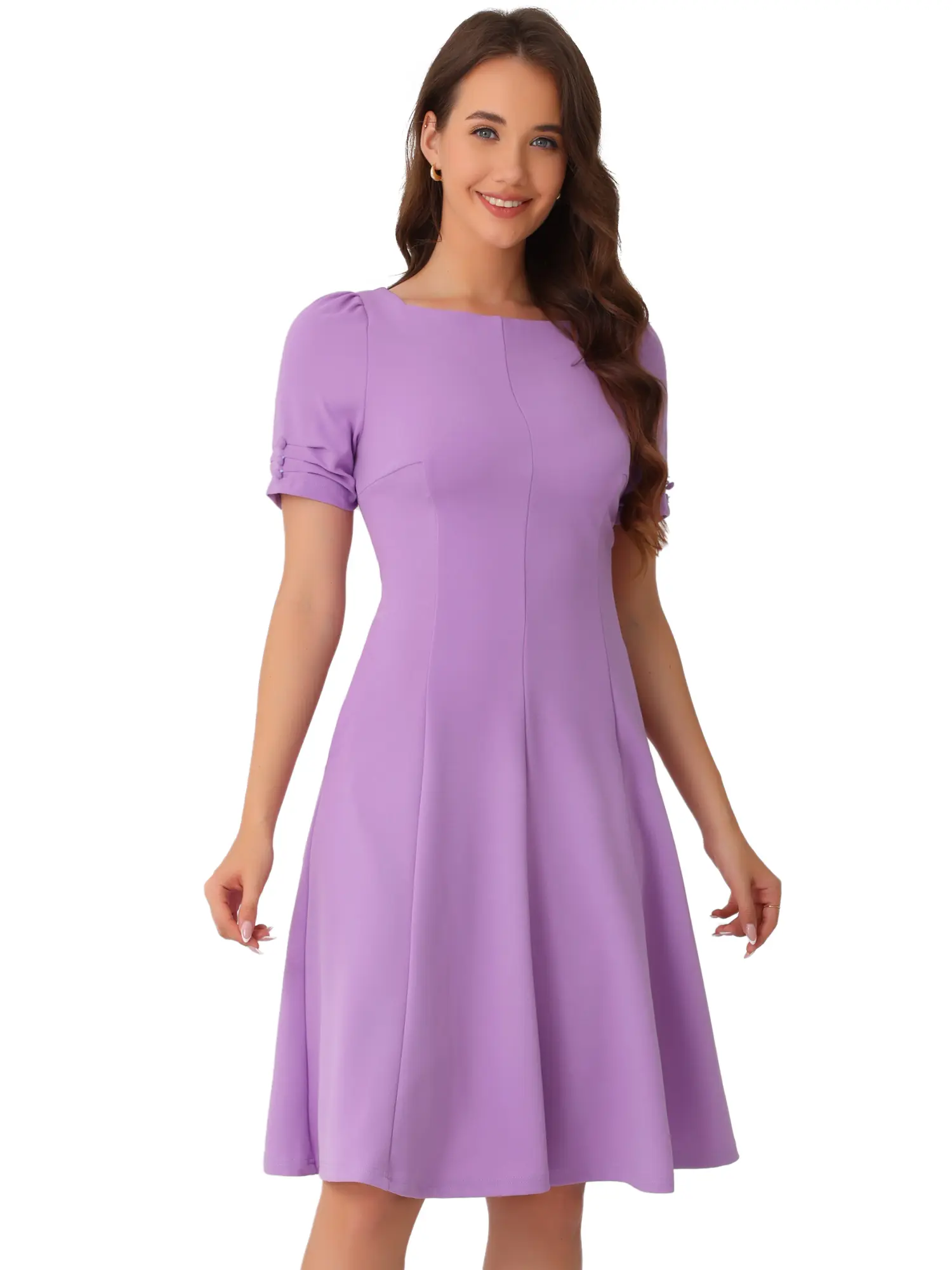 INSPIRE CHIC Women's Square Neck Ruched Short Sleeve Dresses A-Line Work Dress Lavender