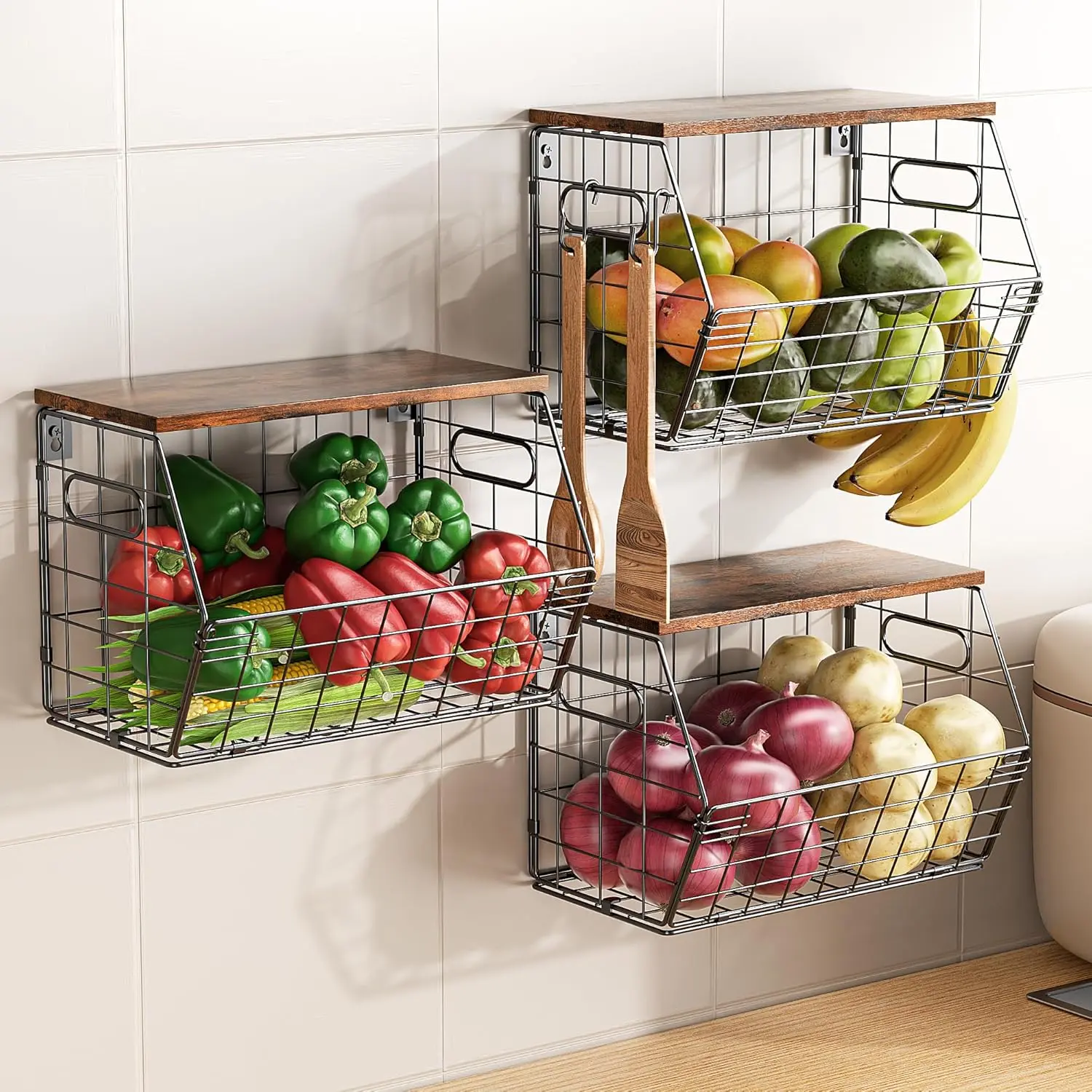 3 Pack Stackable Metal Fruit Basket with Wood Lid for Kitchen Pantry Ventilated Storage for Onions Potatoes Fruits Spices Wall Mounted and Countertop Organizer