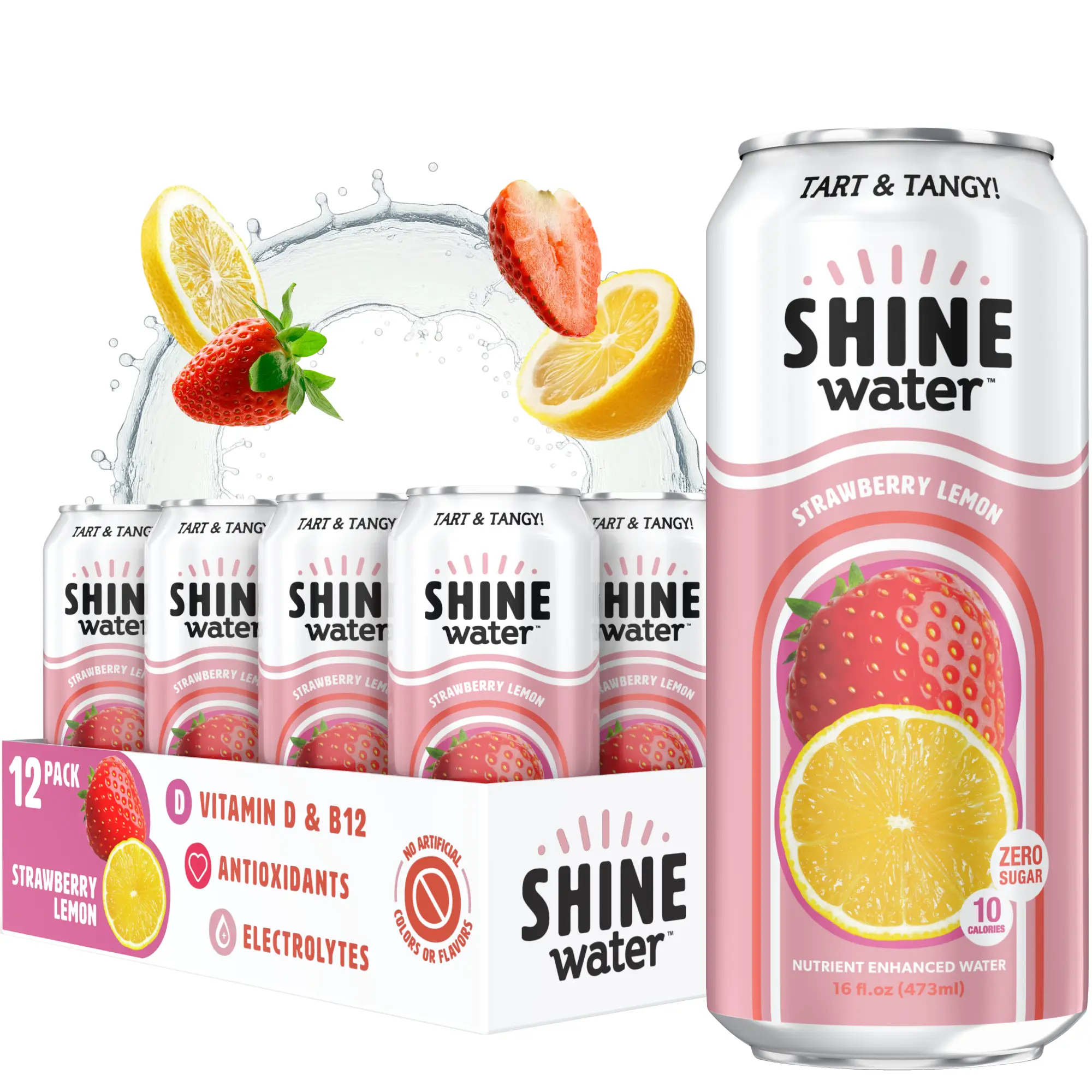 ShineWater Strawberry Lemon Flavored Physician-Approved Natural Energy Vitamin Water - 12-Pack, 0 Sugar Free, Low Calorie, Plant-Based, Hydrating Electrolyte-Infused, Gluten-Free, Kosher, Made in USA