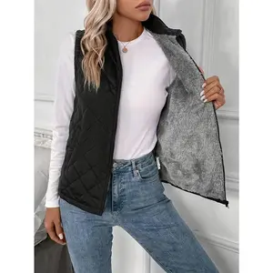 Solid Zipper Quilted Vest, Versatile Sleeveless Winter Warm Outwear, Women's Clothing Elegant Womenswear