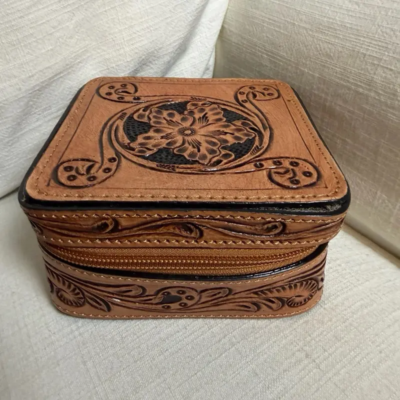 Brown Leather Jewelry Storage Box Case for Accessories Organization