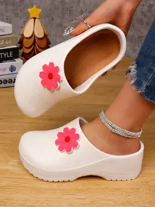 Women's Thick Sole Elevator Mules, Floral Decor DIY Garden Shoes, Durable Lightweight Eva Sandals, Spring Summer Large Size Couple Mules