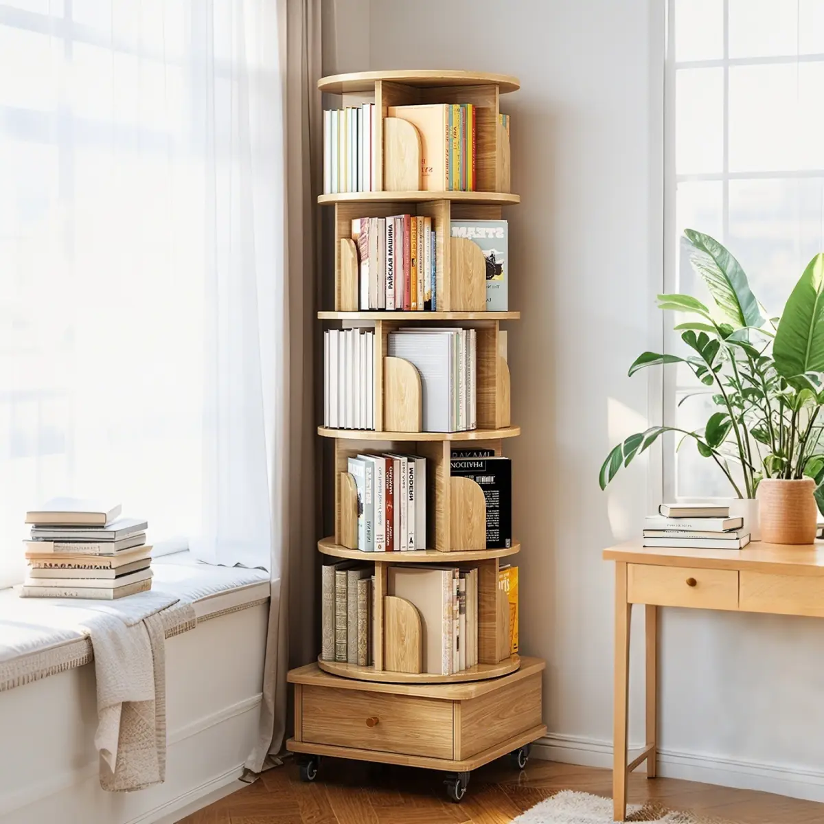 5/6-Tier Sturdy Natural Wood Modern Rotating Bookshelf, 360° Display Round Spinning Unit with Wheels & Drawer, Space-Saving Assembly-Required Tower for Bedroom, Living Room (Furniture, Indoor Cupboards & Cabinets)