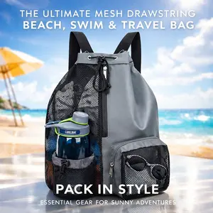Large Mesh Backpack Beach Bag, Wet Dry Swim Gear Backpack for Women Men, Breathable Sand-Free Mesh, Drawstring Sports Bag with Zipper Pockets, Bottle Holder for Pool, Beach, Swimming, Snorkel, Boating, Camping, Travel, Gym, Swimming Accessories
