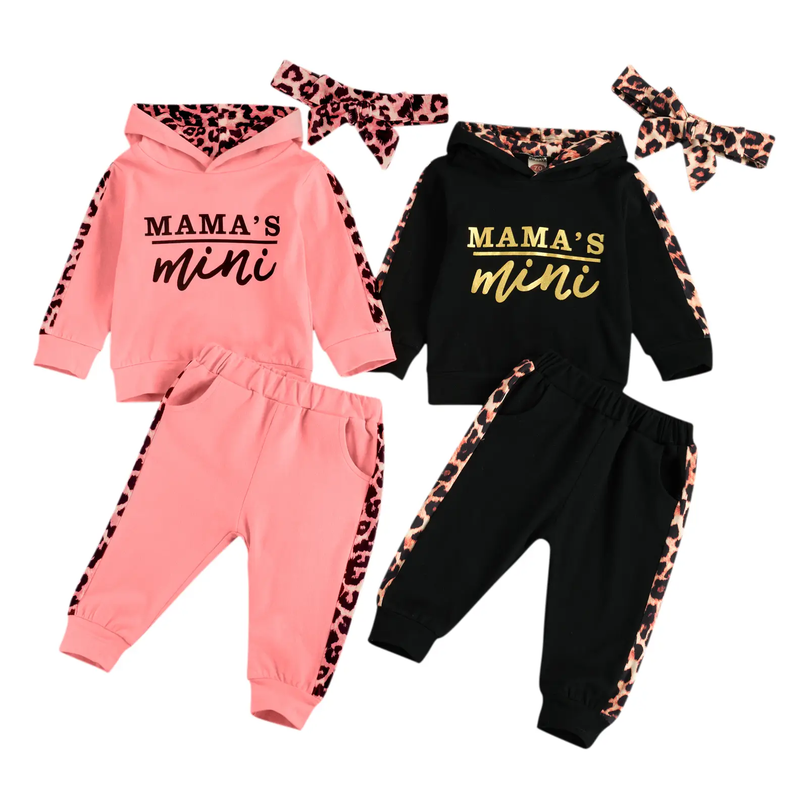 3Pcs Infant Baby Girls Fall Winter Clothes Mama's Mini Hoodies Sweatshirt Tops Leopard Long Pants Headband Outfits