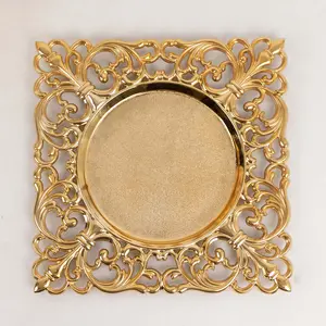 6-Pack Acrylic Charger Plates 12" Square Gold with Hollow Lace Border - Event Tabletop Decorative Charger Tableware