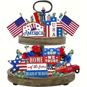 Independence Day Tiered Tray Decor, Wooden American Flag Decor, Patriotic Party Decor, Home Decor for Living Room, Bedroom, Office, Desktop, Ornaments