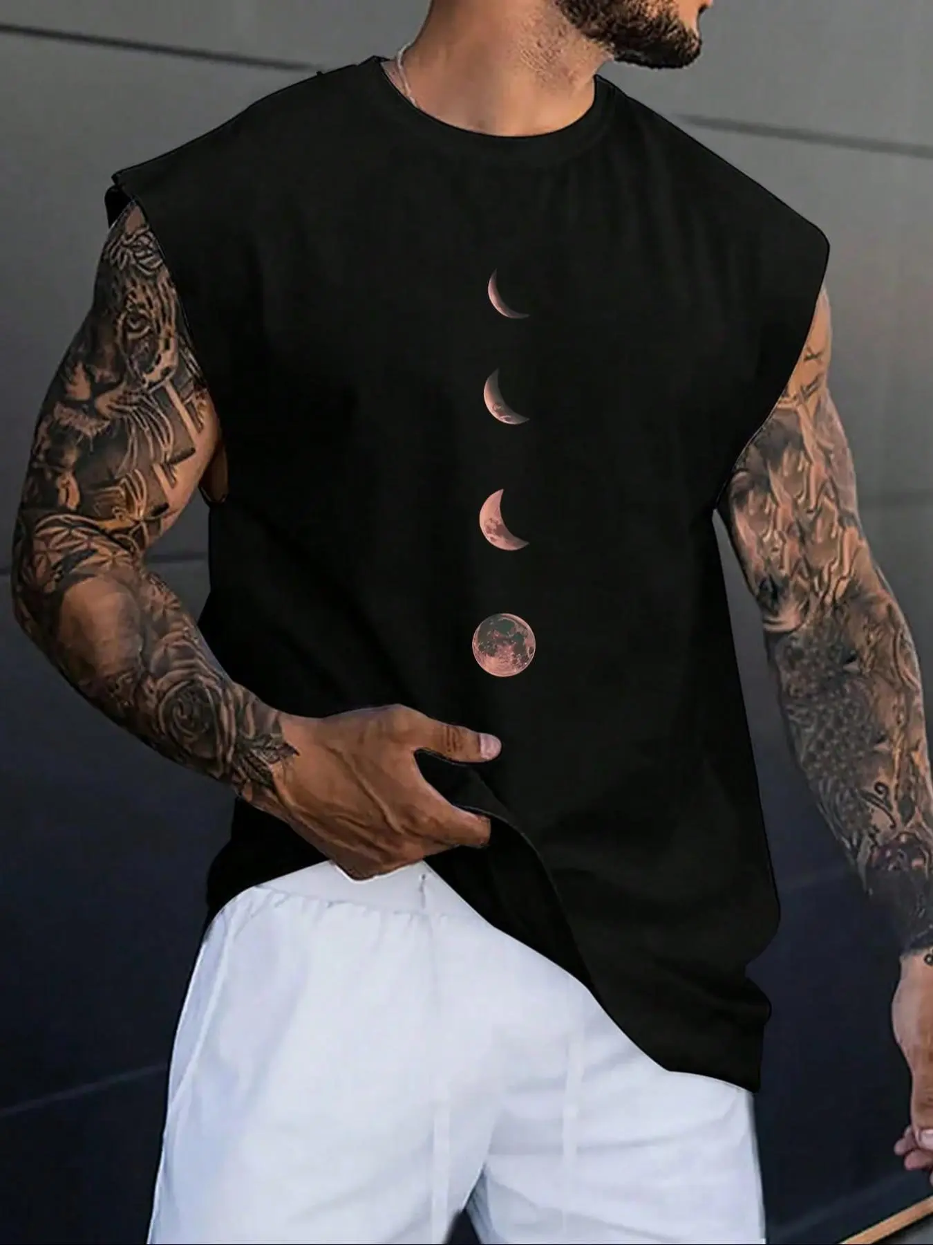 Men's Moon Print Wide Shoulder Vest, Regular Fit Casual Sleeveless Graphic Tank Top for Summer, Men's Top for Daily Wear, Menswear, Casual Streetwear Top, Casual Street Style