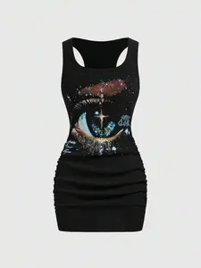 Women's Vintage Bad Girl Street Style Star Print Tight Sleeveless Mini Dress, Unisex Casual Fashion, Perfect for Daily Wear and Parties