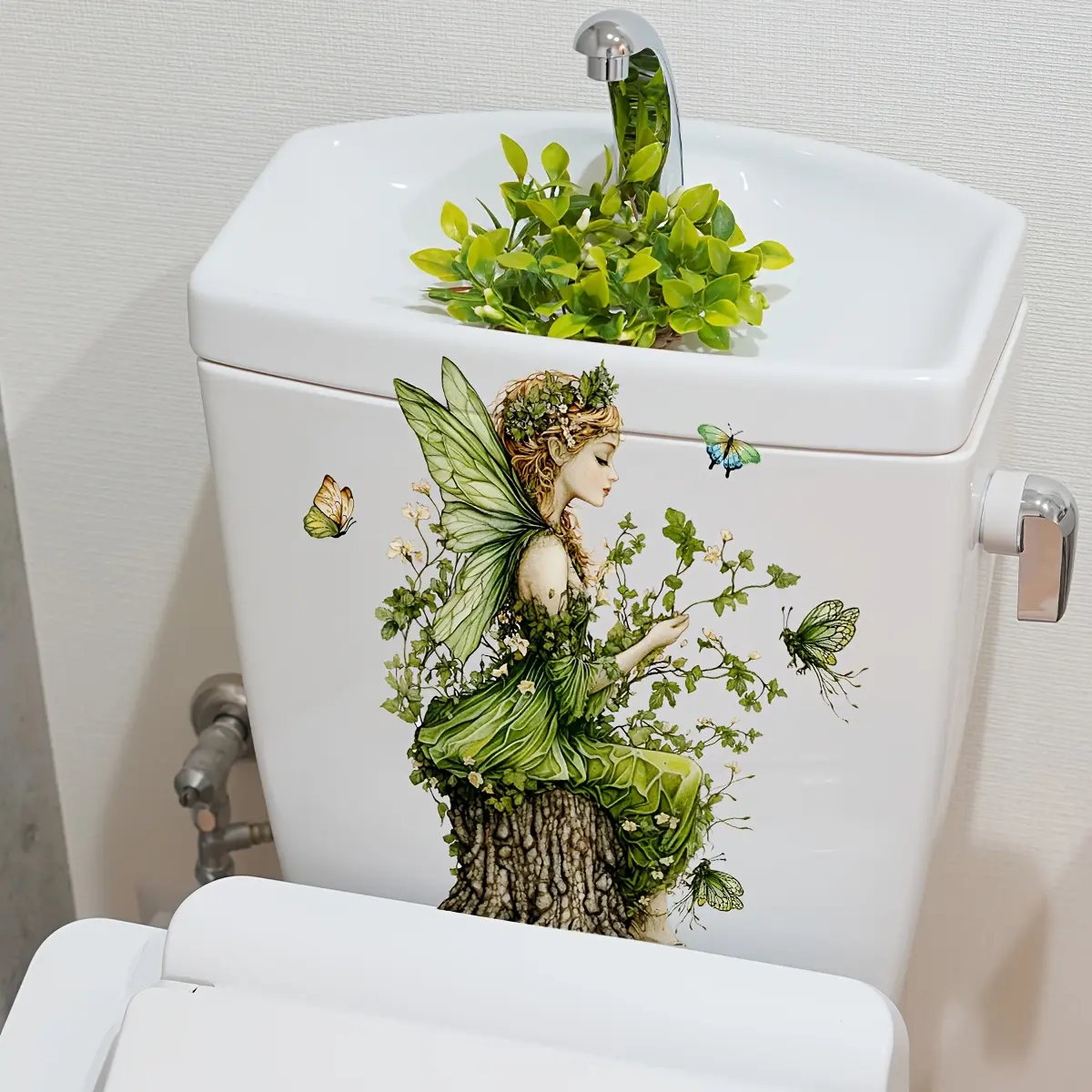 A creative branch elf butterfly spring vitality toilet sticker, bathroom and restroom decorative background wall sticker Bathroom Decorations, Bathroom Decoration Supplies (20*30cm) (M16019-YJ)